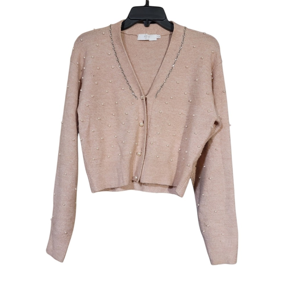 Astr The‎ Label Light Blush Pink Pearl Rhinestone Wool Blend Cardigan Size Sm